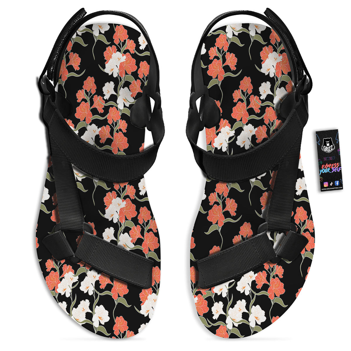 Alstroemeria Red Print Pattern Black Open Toe Sandals-grizzshop