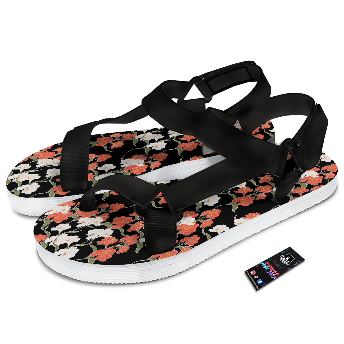 Alstroemeria Red Print Pattern Black Open Toe Sandals-grizzshop