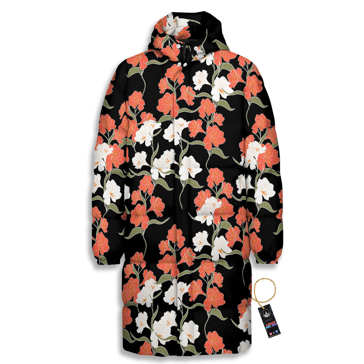 Alstroemeria Red Print Pattern Long Down Jacket-grizzshop