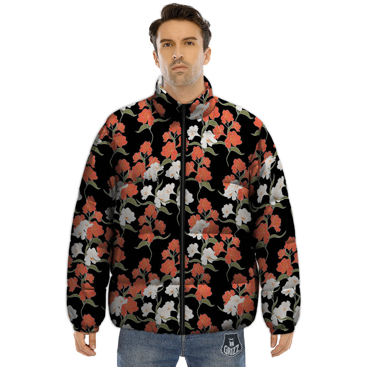 Alstroemeria Red Print Pattern Puffer Jacket-grizzshop
