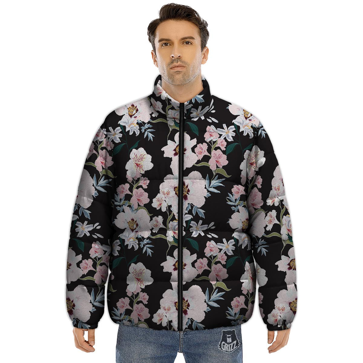 Alstroemeria Tropical Print Pattern Puffer Jacket-grizzshop