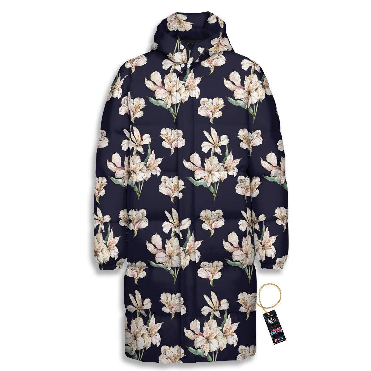 Alstroemeria Watercolor Print Pattern Long Down Jacket-grizzshop