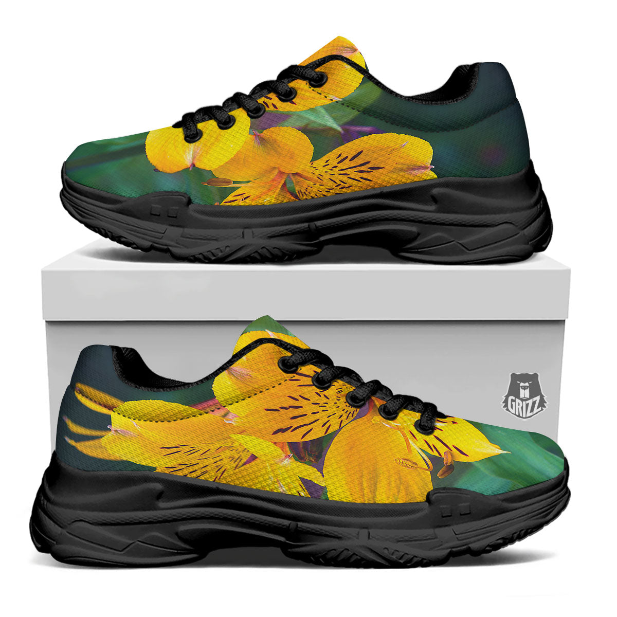 Alstroemeria Yellow Print Black Chunky Shoes-grizzshop