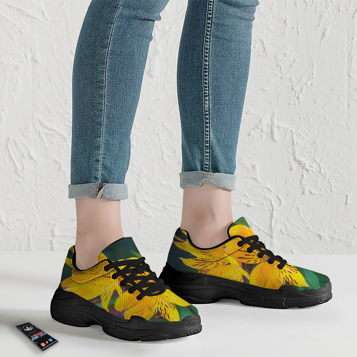 Alstroemeria Yellow Print Black Chunky Shoes-grizzshop