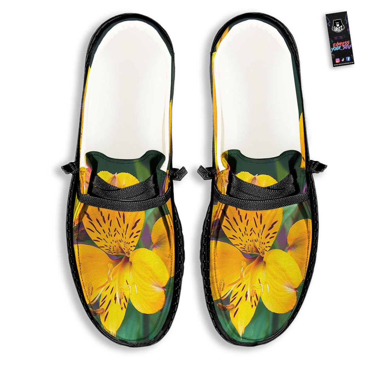 Alstroemeria Yellow Print Black Loafers-grizzshop