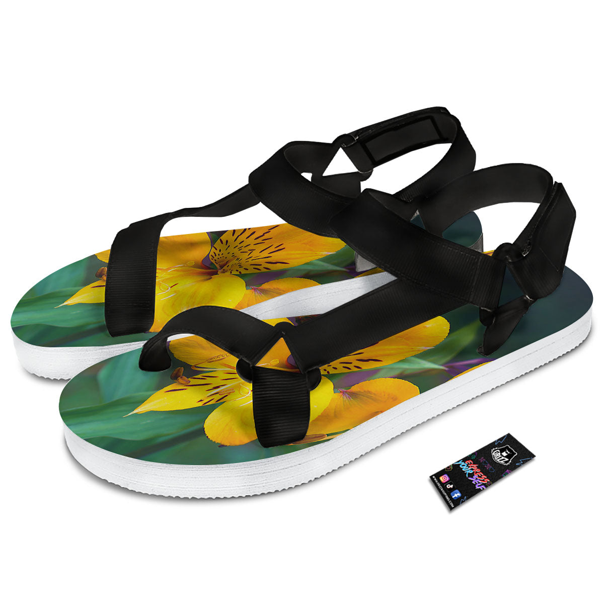 Alstroemeria Yellow Print Black Open Toe Sandals-grizzshop