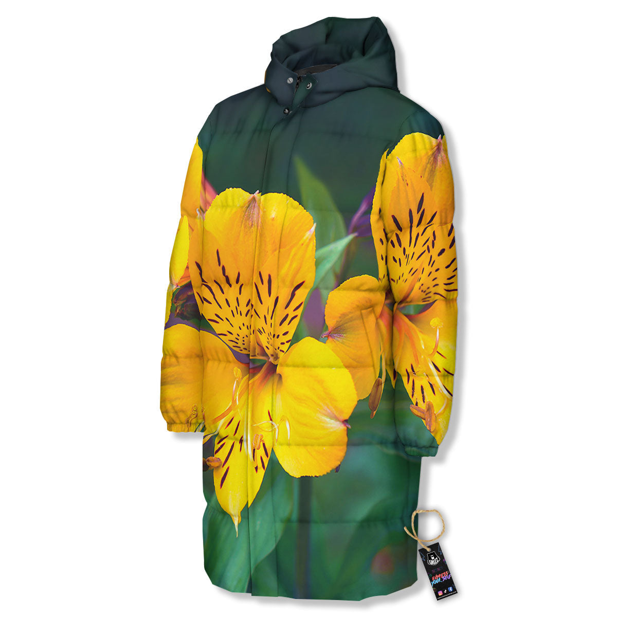 Alstroemeria Yellow Print Long Down Jacket-grizzshop