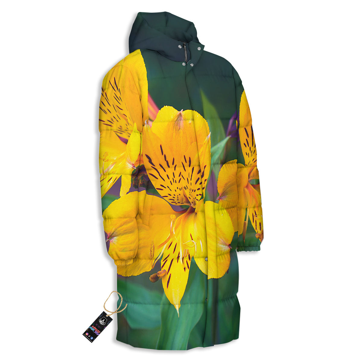 Alstroemeria Yellow Print Long Down Jacket-grizzshop