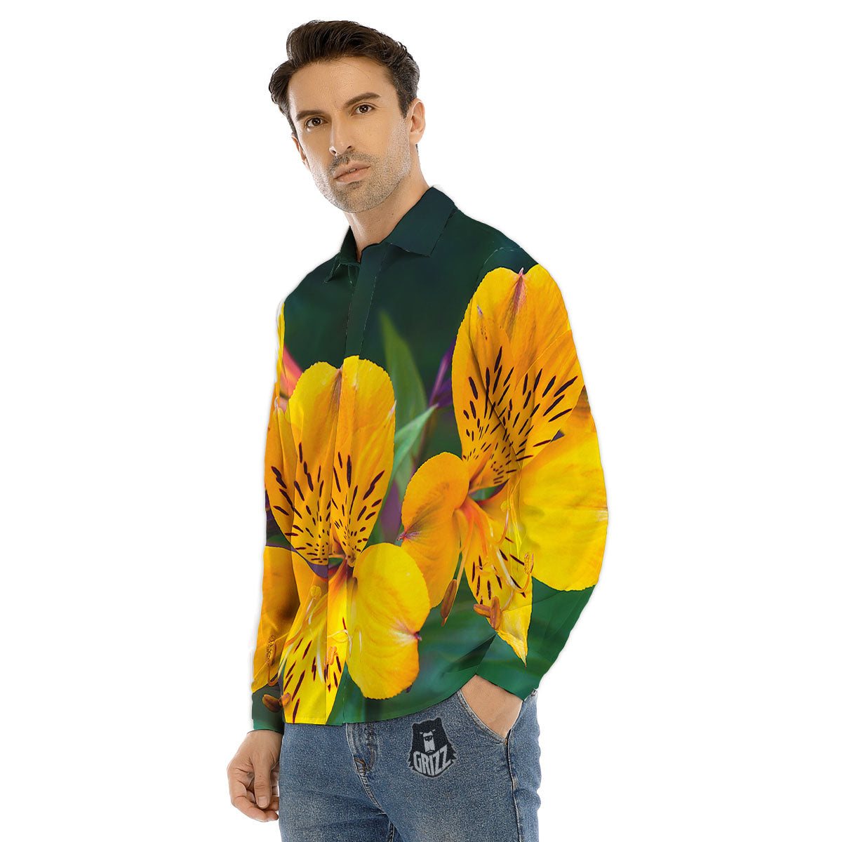 Alstroemeria Yellow Print Men's Dress Shirts-grizzshop