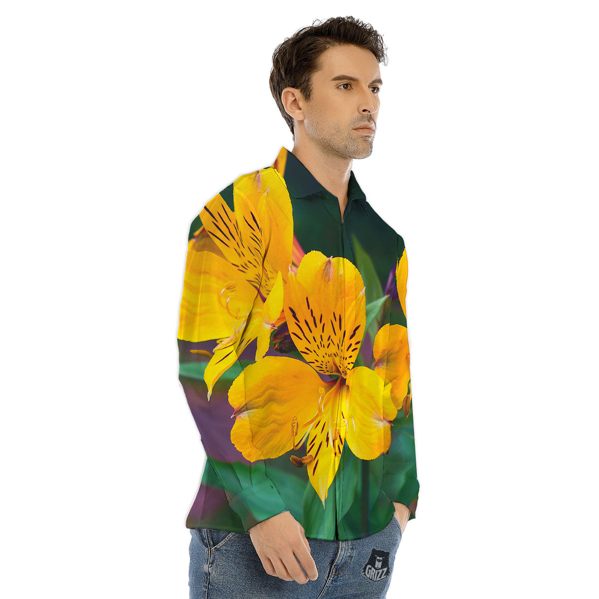Alstroemeria Yellow Print Men's Dress Shirts-grizzshop
