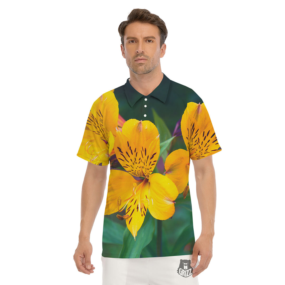 Alstroemeria Yellow Print Men's Golf Shirts-grizzshop