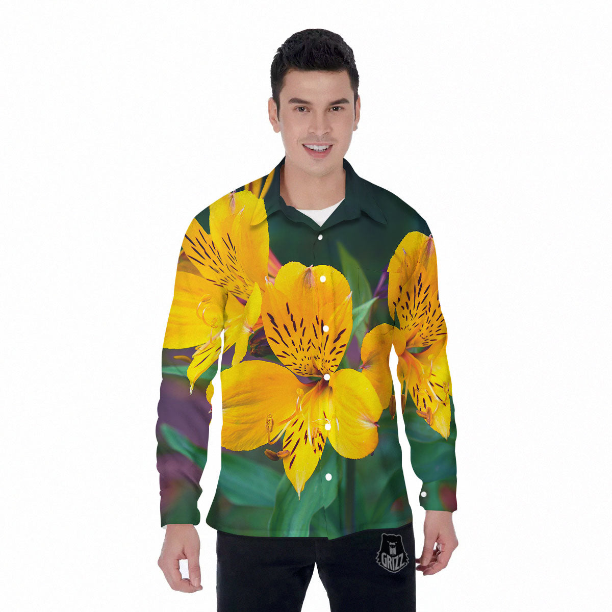 Alstroemeria Yellow Print Men's Long Sleeve Shirts-grizzshop