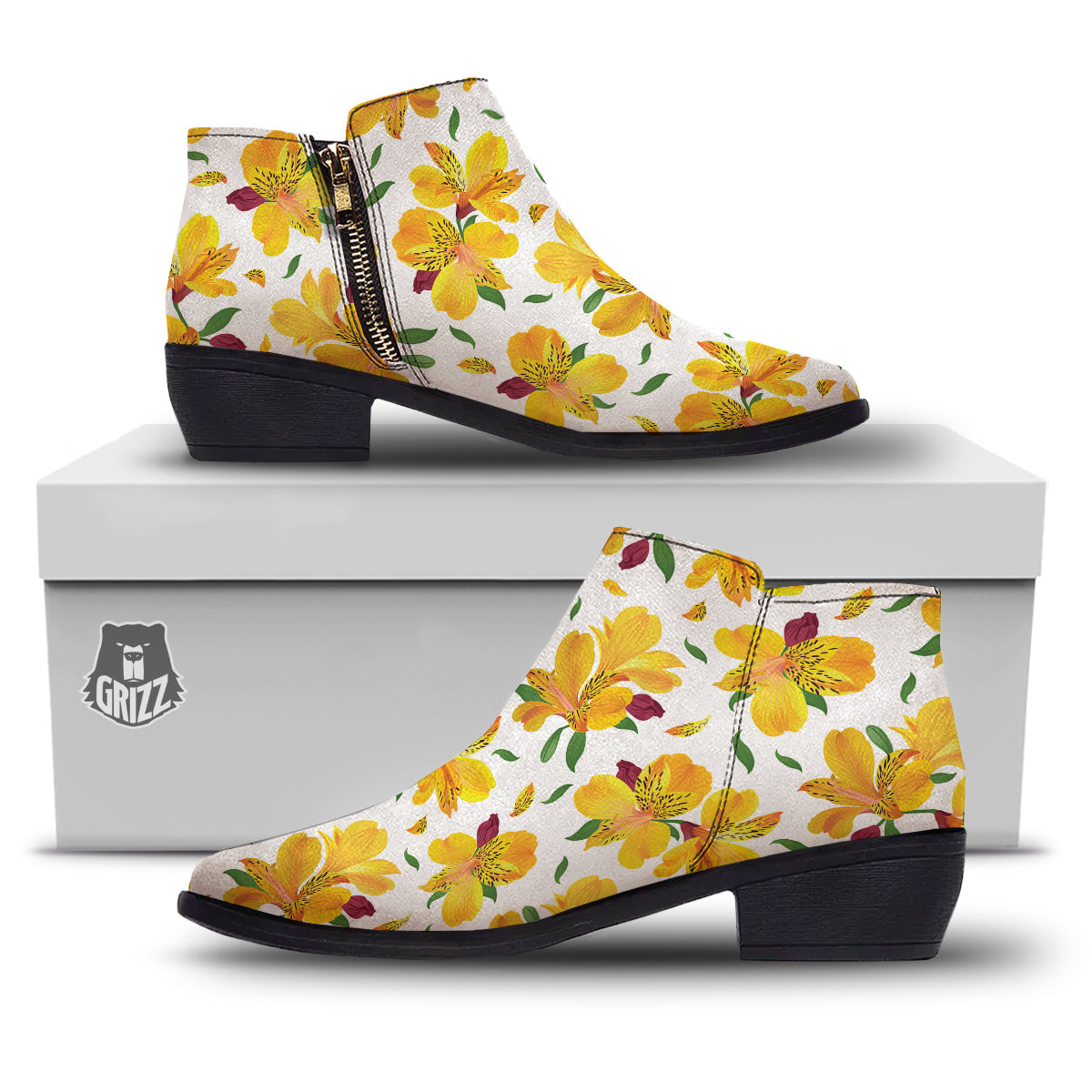 Alstroemeria Yellow Print Pattern Ankle Boots-grizzshop