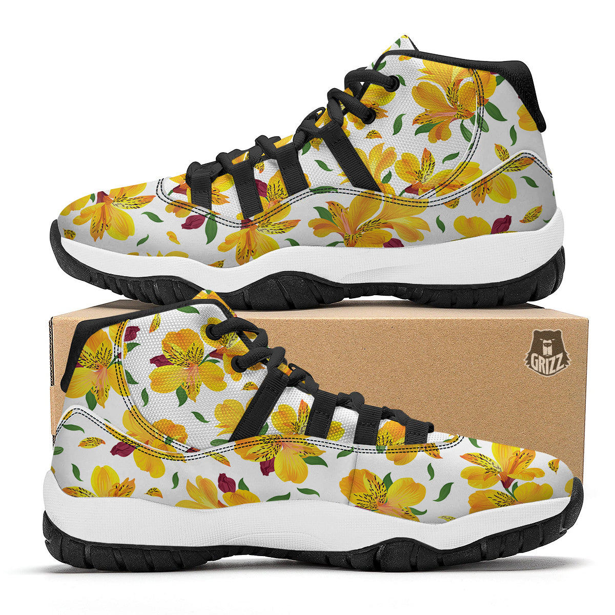 Alstroemeria Yellow Print Pattern Black Bball Shoes-grizzshop