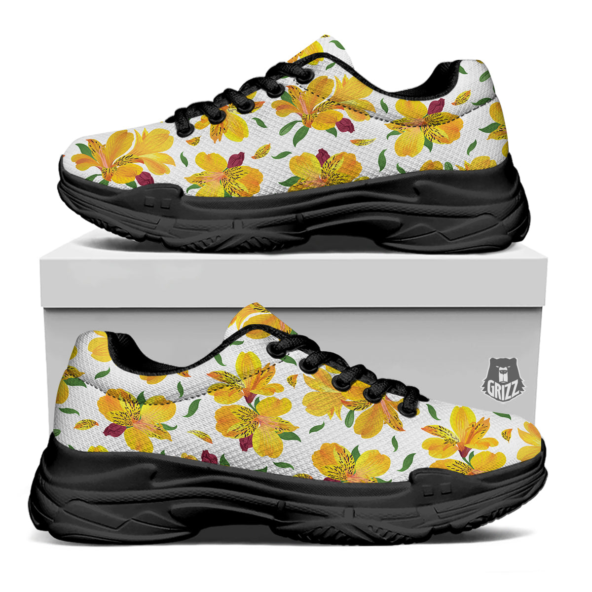 Alstroemeria Yellow Print Pattern Black Chunky Shoes-grizzshop