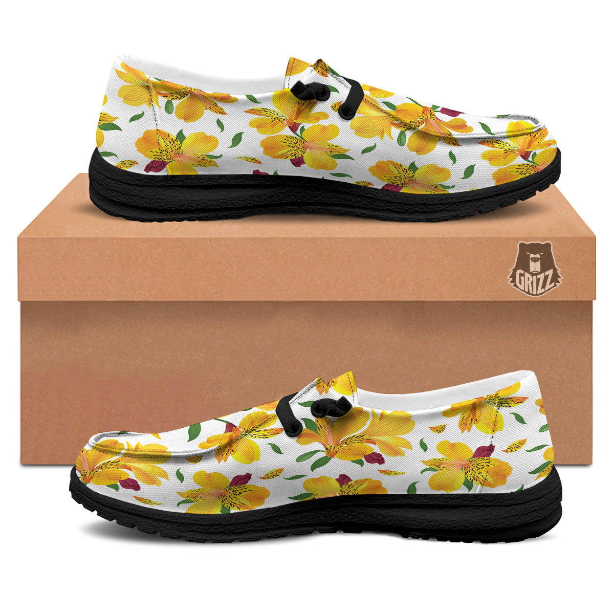 Alstroemeria Yellow Print Pattern Black Loafers-grizzshop