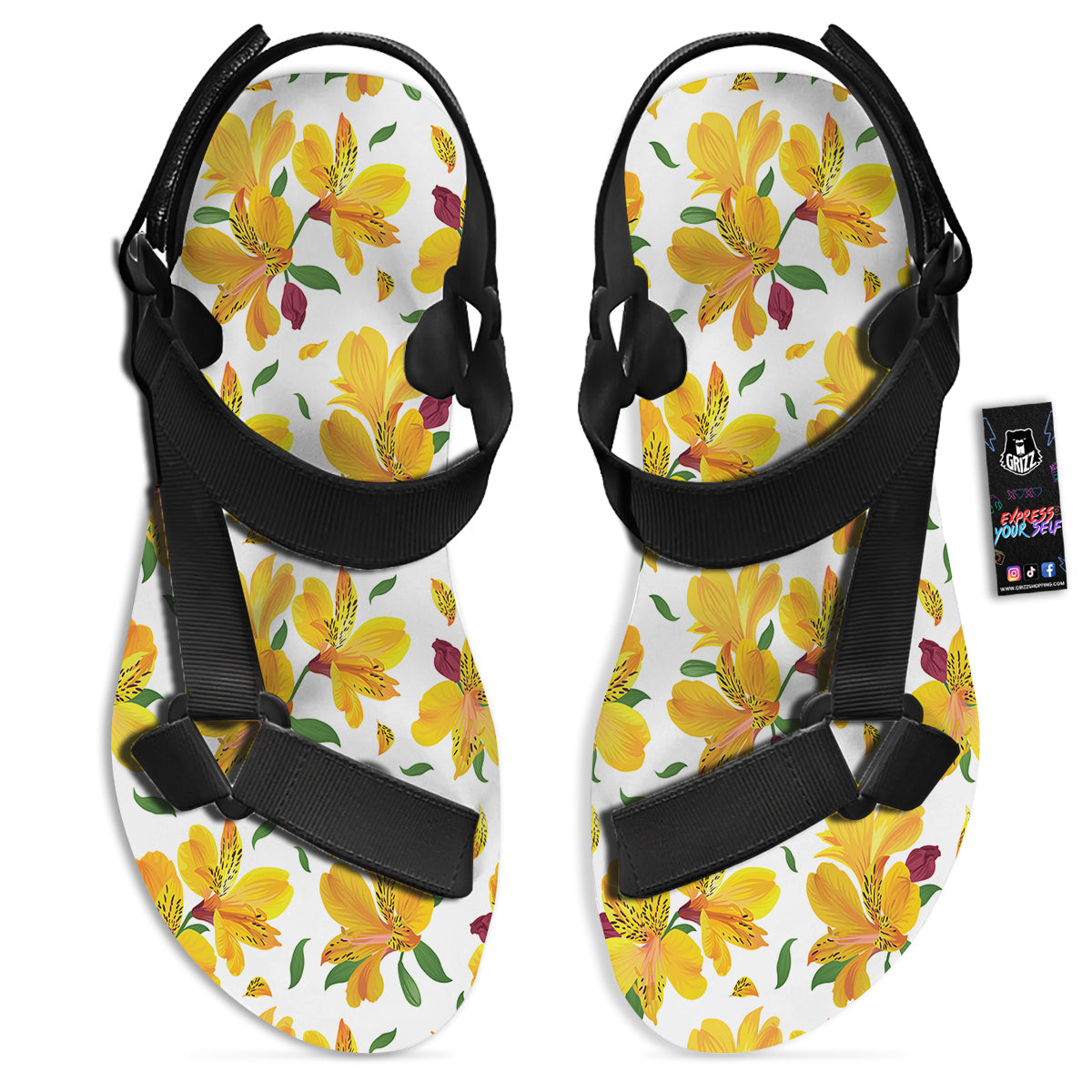 Alstroemeria Yellow Print Pattern Black Open Toe Sandals-grizzshop