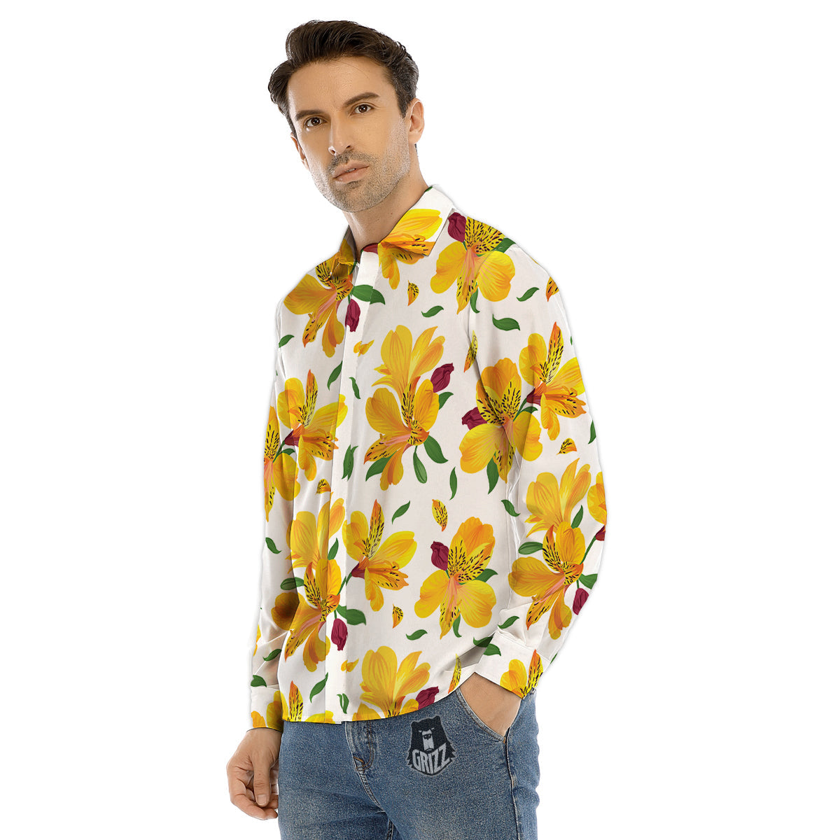 Alstroemeria Yellow Print Pattern Men's Dress Shirts-grizzshop