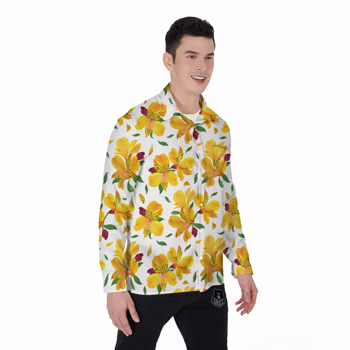 Alstroemeria Yellow Print Pattern Men's Long Sleeve Shirts-grizzshop