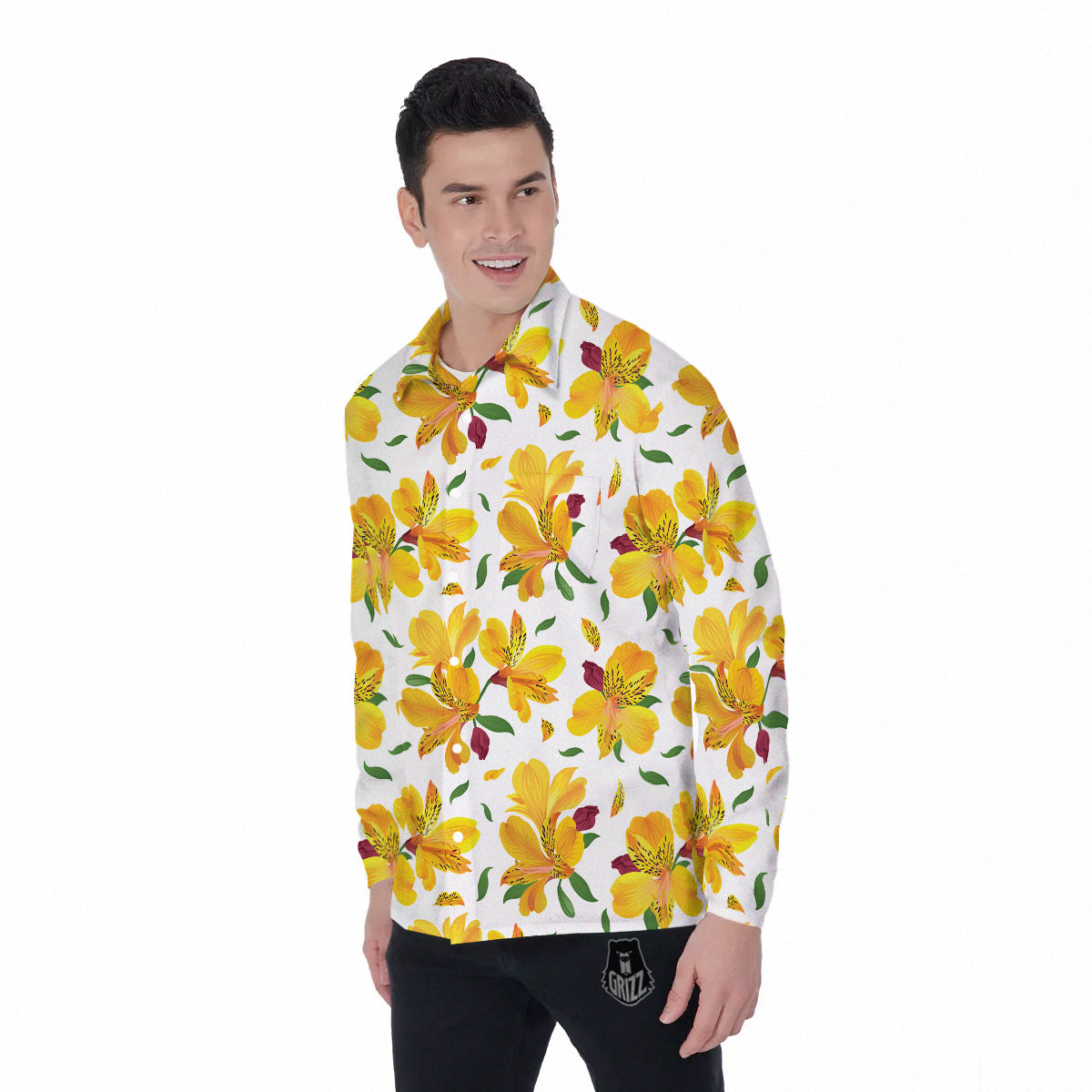 Alstroemeria Yellow Print Pattern Men's Long Sleeve Shirts-grizzshop