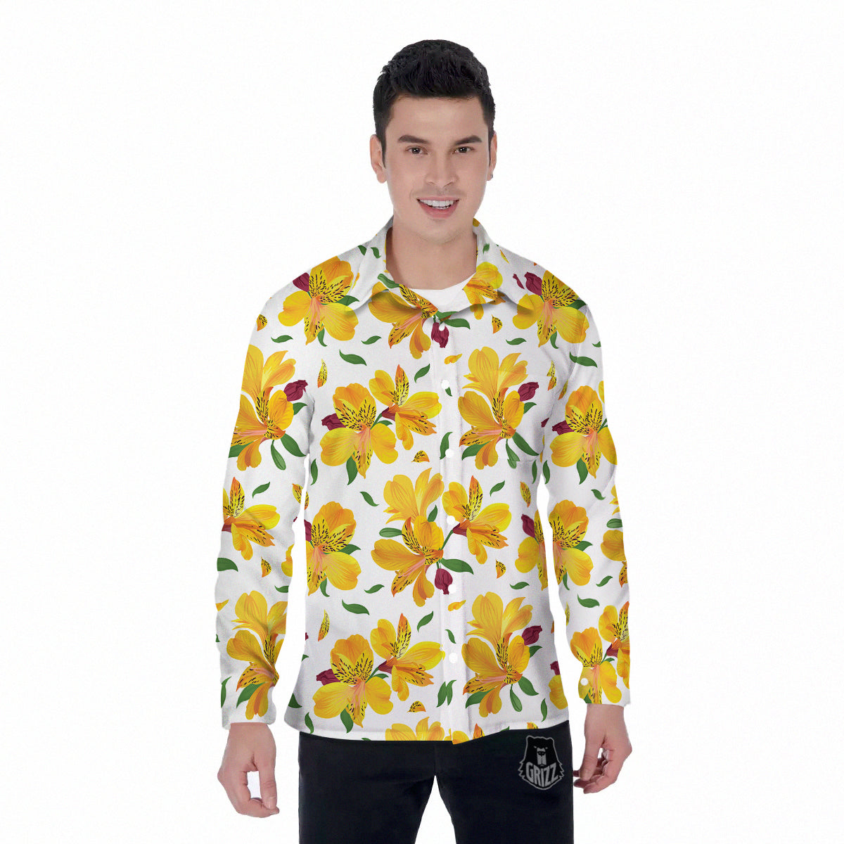 Alstroemeria Yellow Print Pattern Men's Long Sleeve Shirts-grizzshop