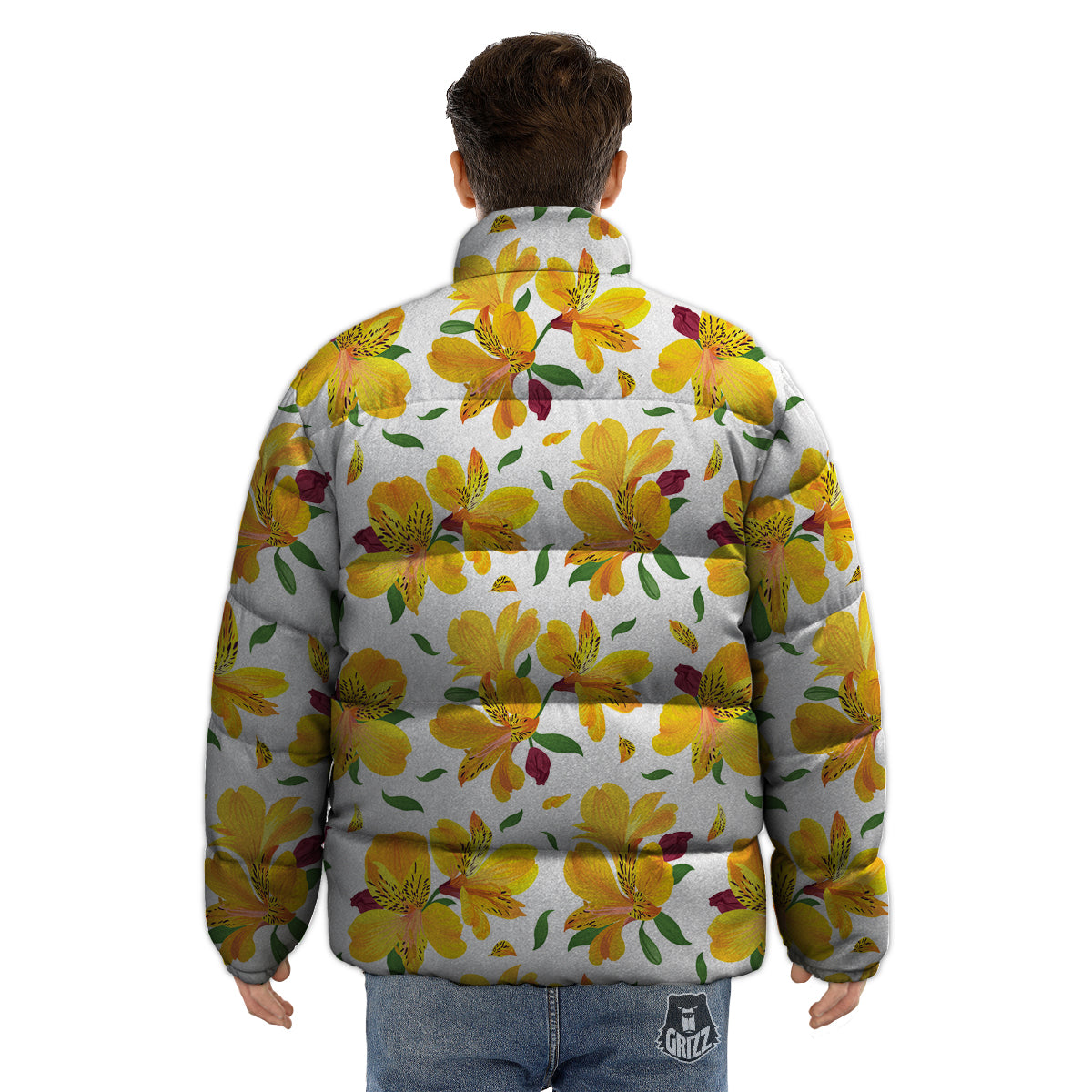 Alstroemeria Yellow Print Pattern Puffer Jacket-grizzshop