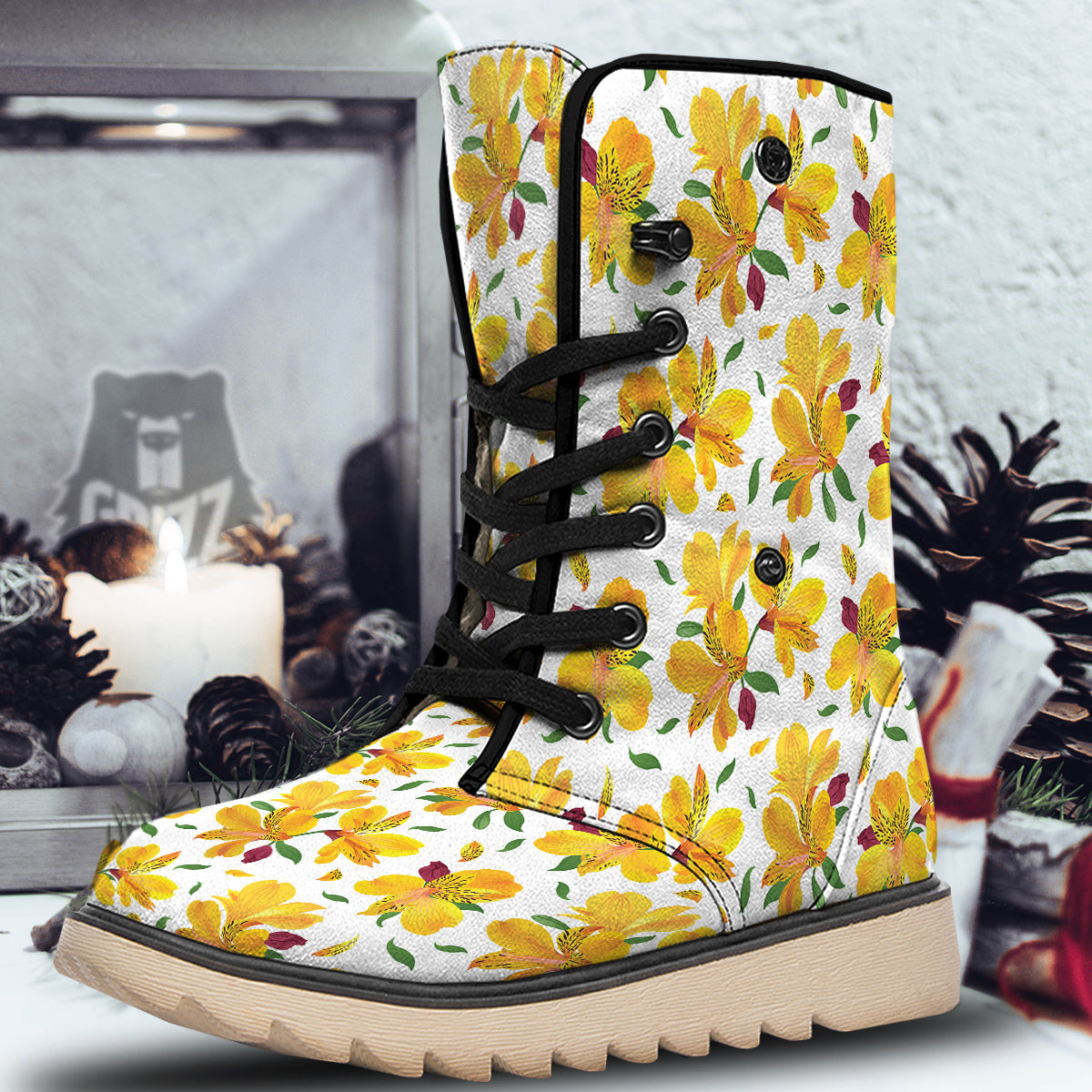 Alstroemeria Yellow Print Pattern Snow Boots-grizzshop