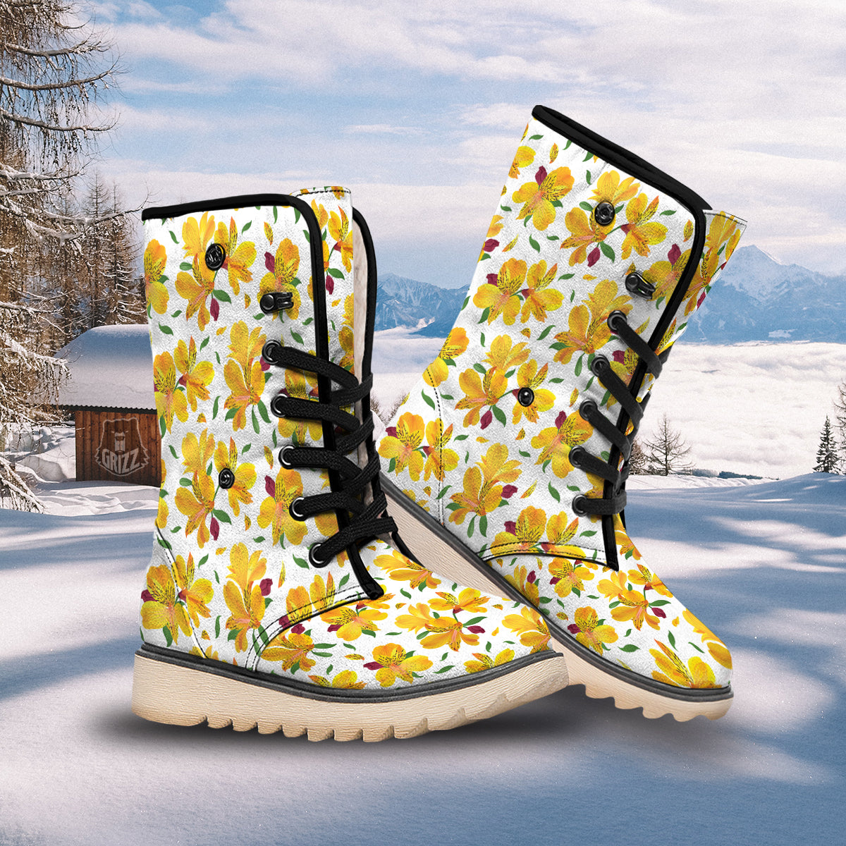Alstroemeria Yellow Print Pattern Snow Boots-grizzshop