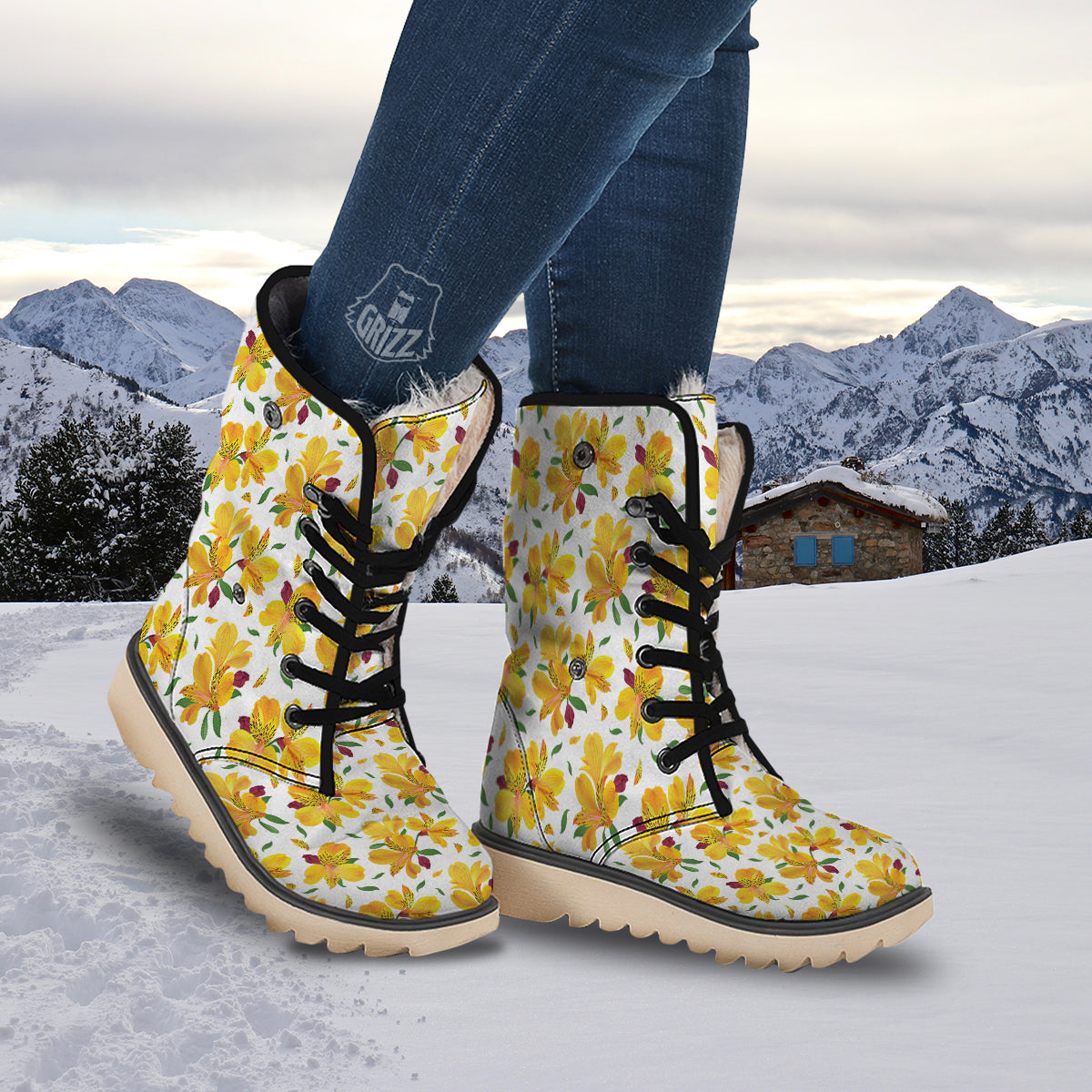 Alstroemeria Yellow Print Pattern Snow Boots-grizzshop