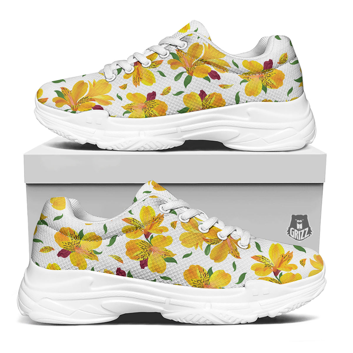 Alstroemeria Yellow Print Pattern White Chunky Shoes-grizzshop