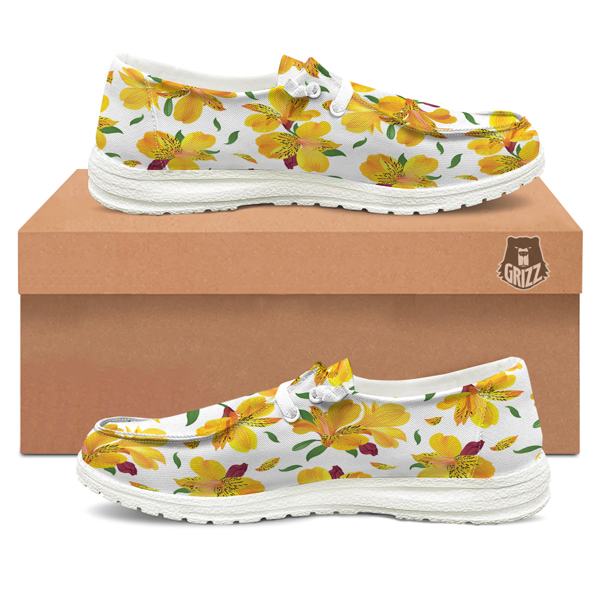Alstroemeria Yellow Print Pattern White Loafers-grizzshop