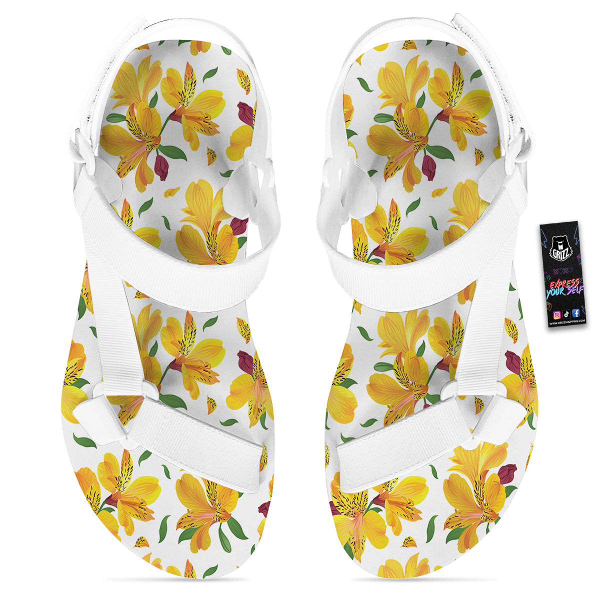 Alstroemeria Yellow Print Pattern White Open Toe Sandals-grizzshop