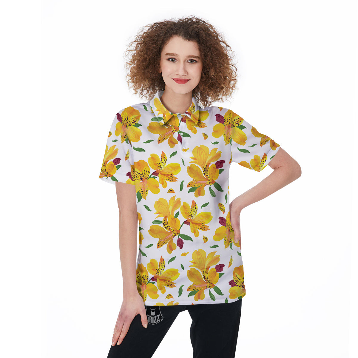 Alstroemeria Yellow Print Pattern Women's Golf Shirts-grizzshop