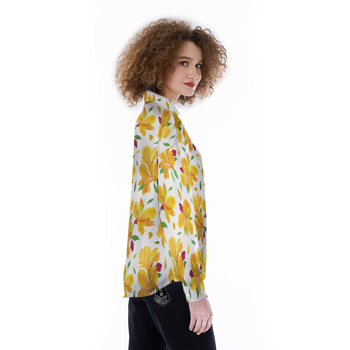 Alstroemeria Yellow Print Pattern Women's Long Sleeve Shirts-grizzshop