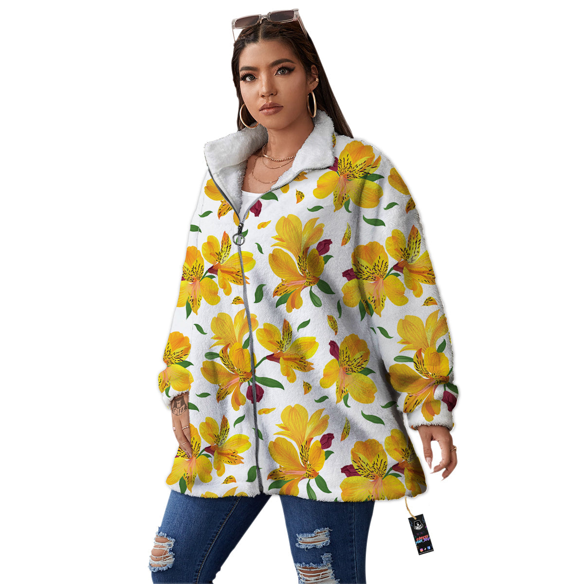 Alstroemeria Yellow Print Pattern Women's Sherpa Jacket-grizzshop