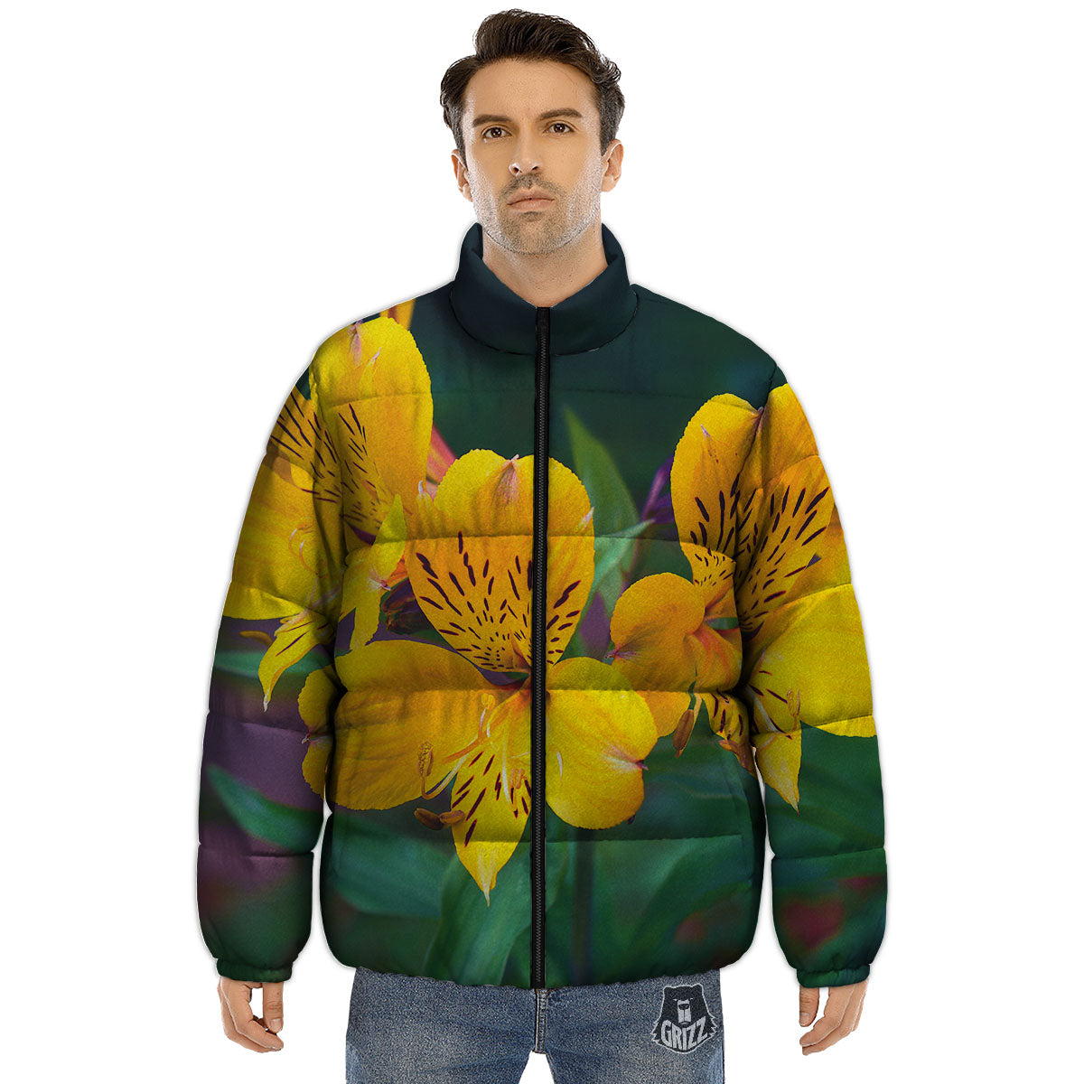 Alstroemeria Yellow Print Puffer Jacket-grizzshop