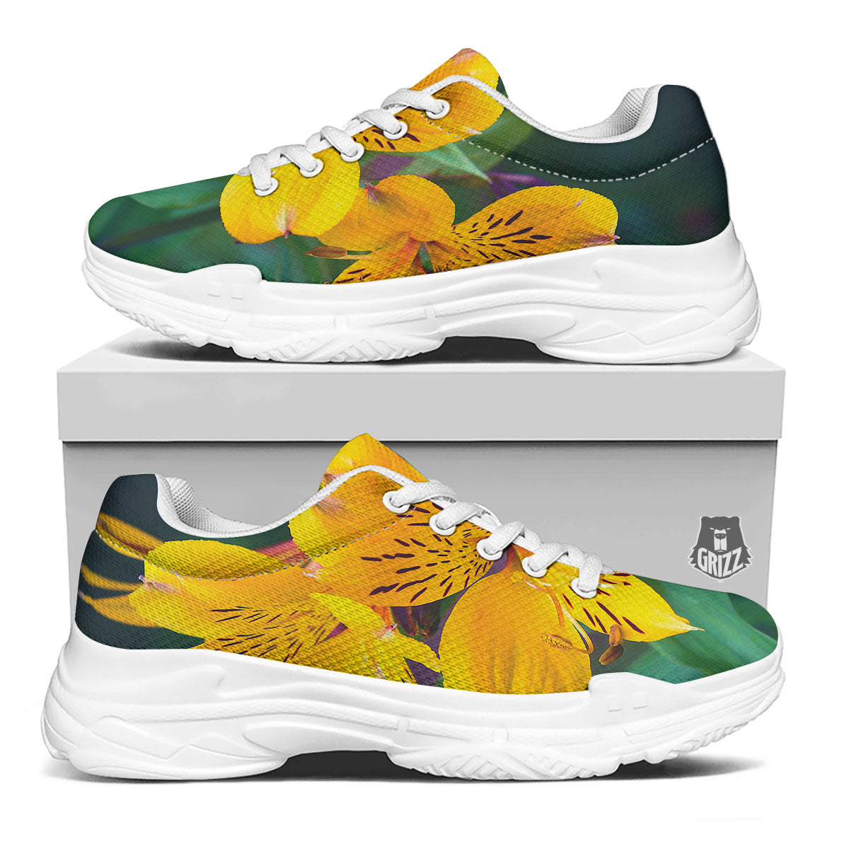 Alstroemeria Yellow Print White Chunky Shoes-grizzshop