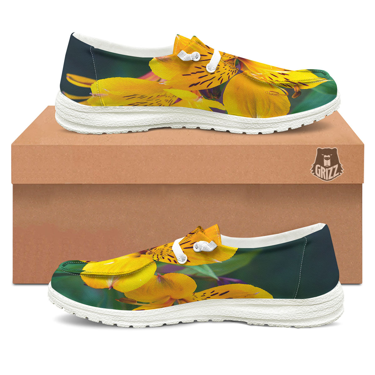 Alstroemeria Yellow Print White Loafers-grizzshop