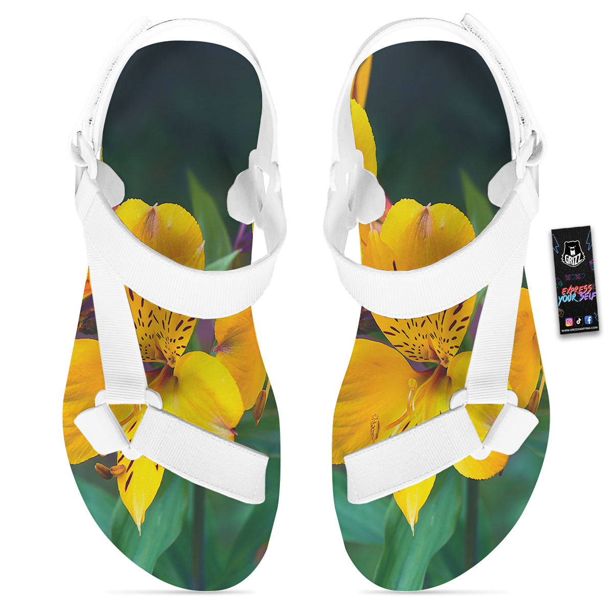 Alstroemeria Yellow Print White Open Toe Sandals-grizzshop
