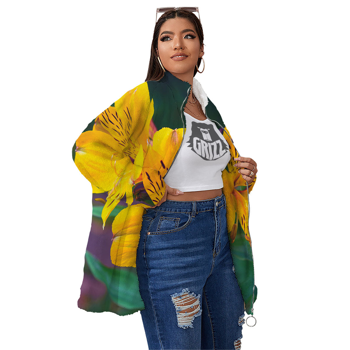 Alstroemeria Yellow Print Women's Sherpa Jacket-grizzshop