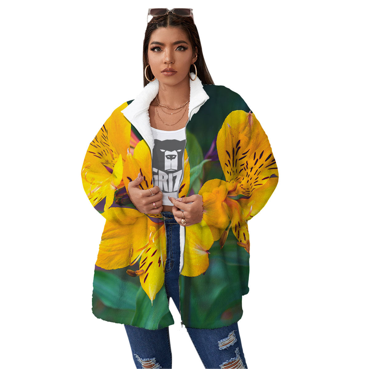 Alstroemeria Yellow Print Women's Sherpa Jacket-grizzshop