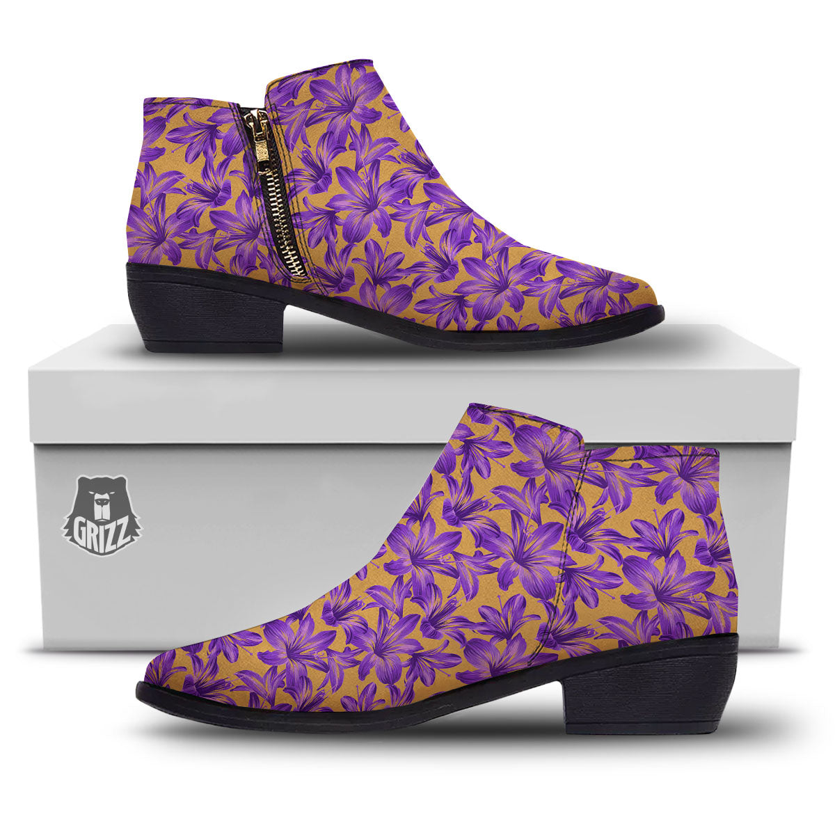 Amaryllis Japanese Purple Print Pattern Ankle Boots-grizzshop