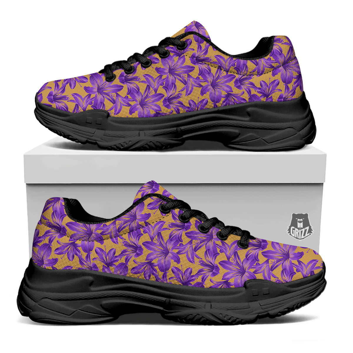 Amaryllis Japanese Purple Print Pattern Black Chunky Shoes-grizzshop