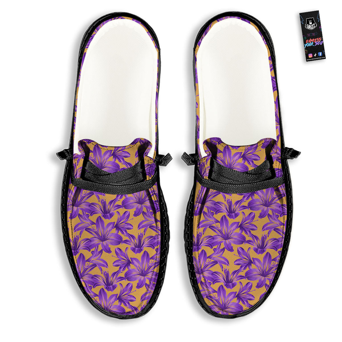 Amaryllis Japanese Purple Print Pattern Black Loafers-grizzshop