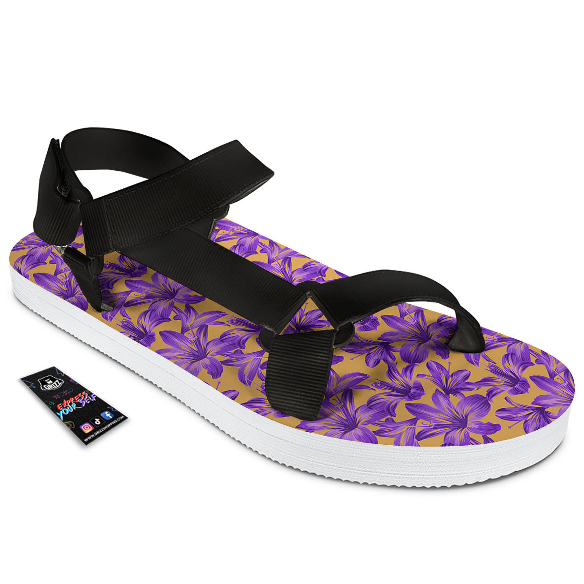 Amaryllis Japanese Purple Print Pattern Black Open Toe Sandals-grizzshop