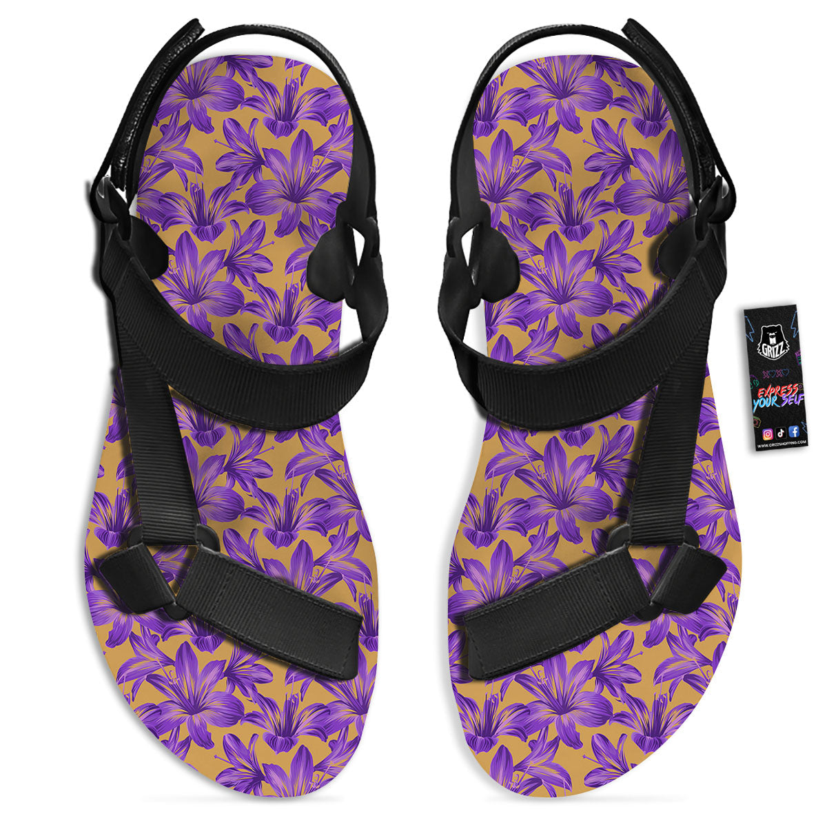 Amaryllis Japanese Purple Print Pattern Black Open Toe Sandals-grizzshop