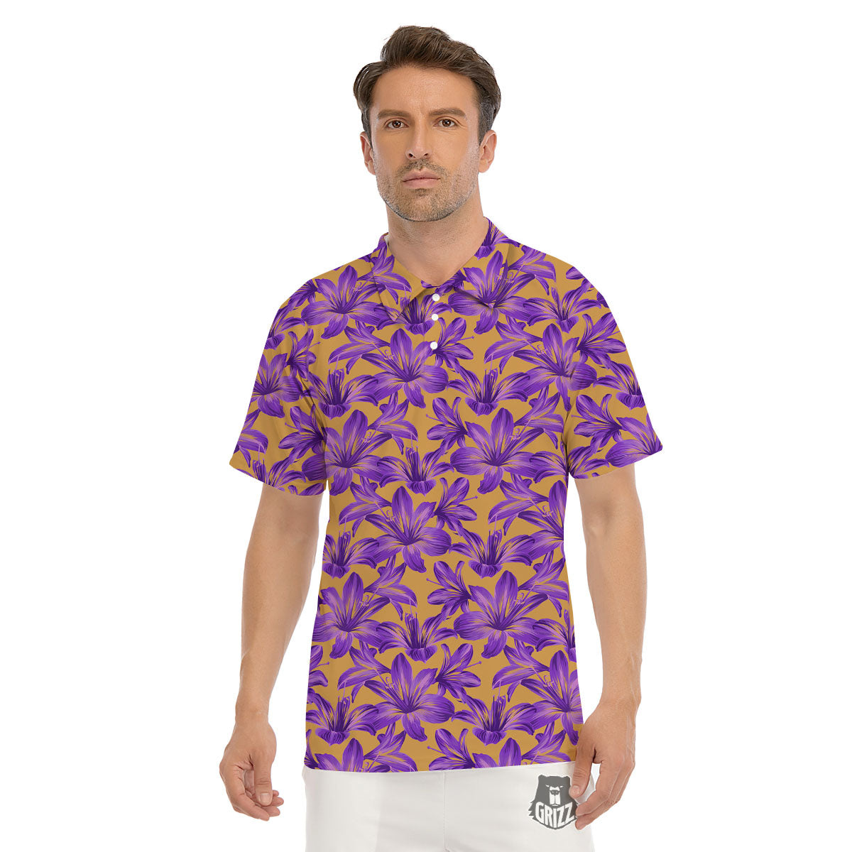 Amaryllis Japanese Purple Print Pattern Men's Golf Shirts-grizzshop