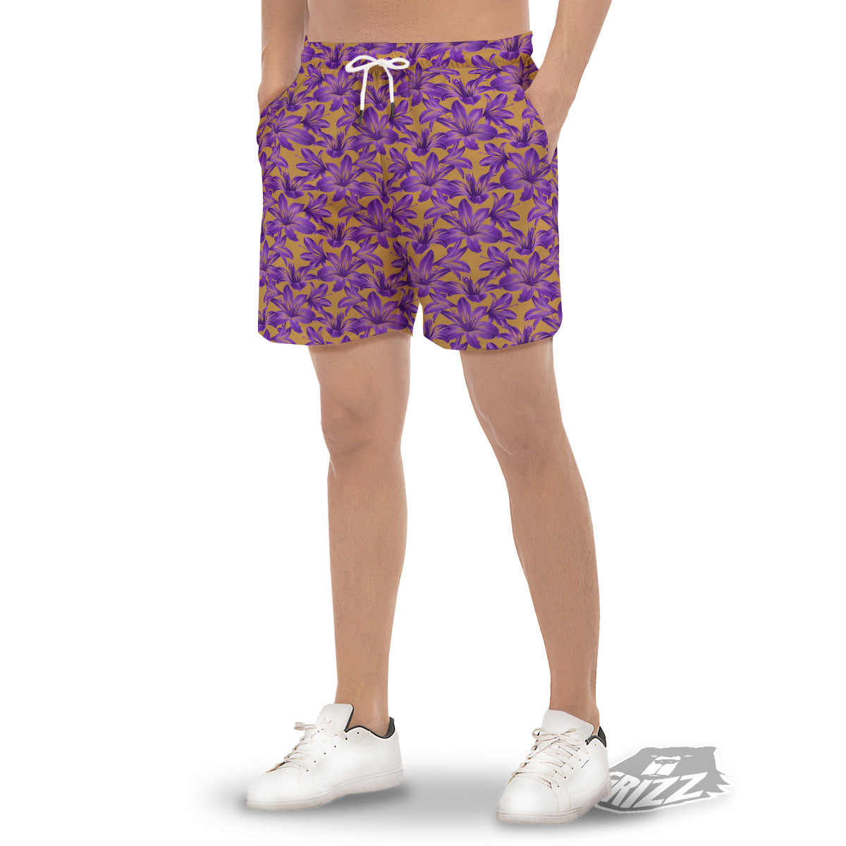 Amaryllis Japanese Purple Print Pattern Men's Gym Shorts-grizzshop