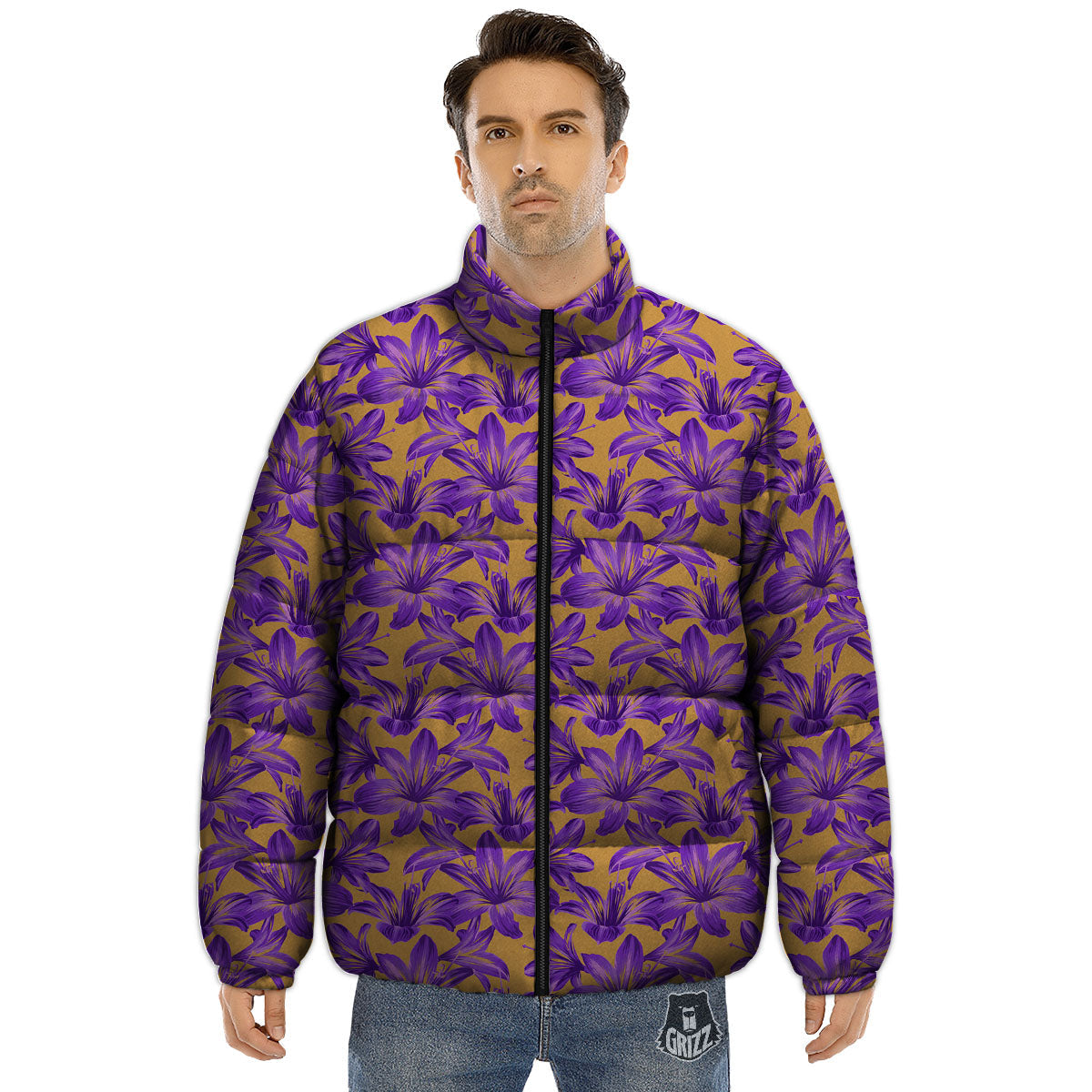 Amaryllis Japanese Purple Print Pattern Puffer Jacket-grizzshop