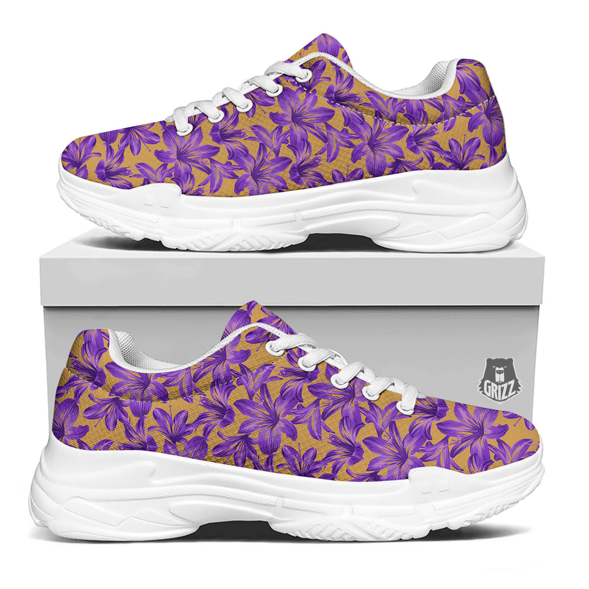 Amaryllis Japanese Purple Print Pattern White Chunky Shoes-grizzshop